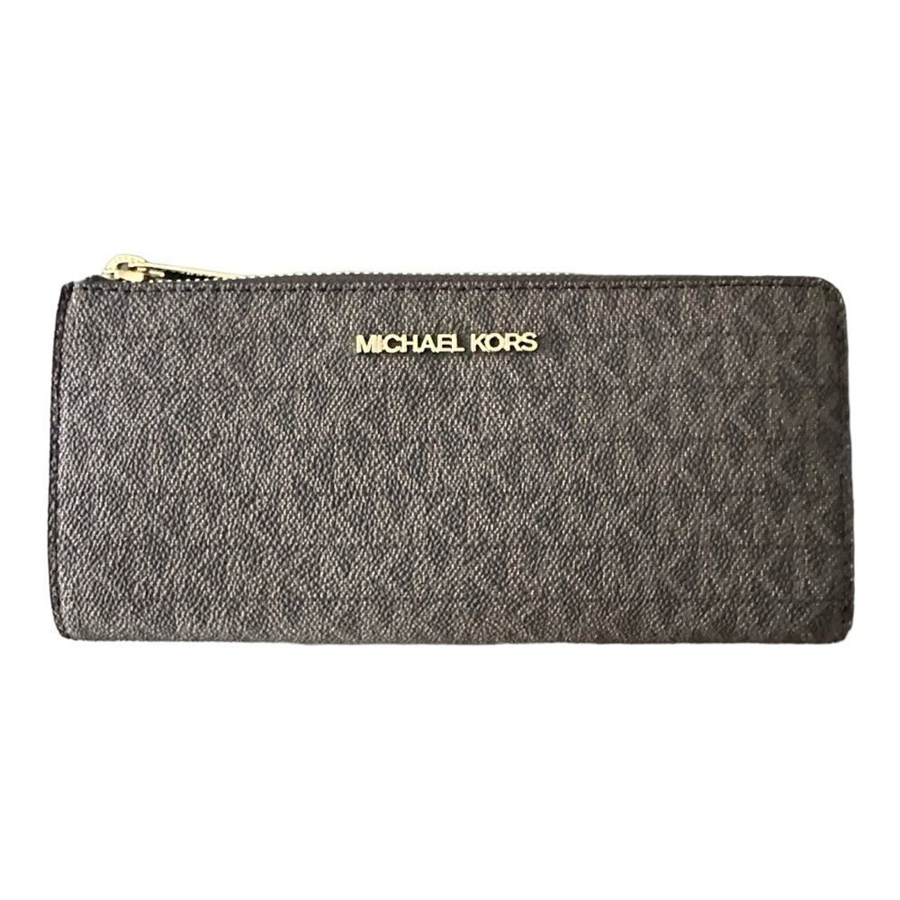 Michael Kors Jet Set Travel Logo Bilfold Wallet Wristlet Brown Signature NWT